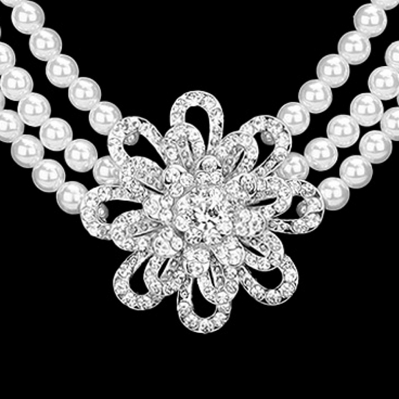 Silver White Pearl Clip On Earrings Flower Pendant Crystal Layered Necklace Set - Picture 2 of 5